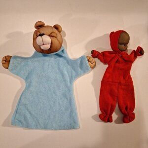 2 Vintage Panty Hose Hand Puppet Bear & African American Baby Doll Blue Red